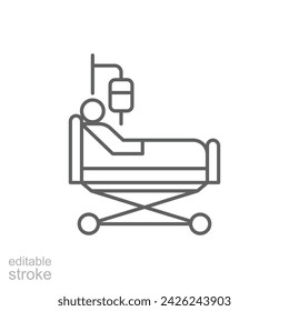 Ein Mann in einem Krankenhausbett-Ikone. Einfacher Gliederungsstil. Patient, Person, kranker Mann, krank, Station, Lügen, Gesundheit, medizinisches Konzept. Symbol für dünne Linien. Vektorgrafik isoliert. Bearbeitbarer Strich.