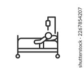 Man in a hospital bed, linear icon. A sick person in the hospital. Bed rest, Dropper. Line with editable stroke