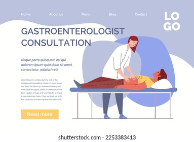 Man in hospital with symptoms of abdominal pain. Physician palpates abdomen of patient. Guy lies while being examined by doctor. Website, template, landing page. Vector illustration flat cartoon.