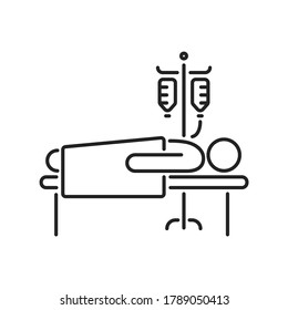 Man in hospital ward with dropper black line icon. Postoperative therapy. Isolated vector element. Outline pictogram for web page, mobile app, promo.