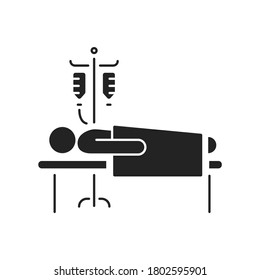 Man in hospital ward with dropper black glyph icon. Postoperative therapy. Isolated vector element. Outline pictogram for web page, mobile app, promo.