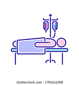 Man in hospital ward with dropper color line icon. Postoperative therapy. Isolated vector element. Outline pictogram for web page, mobile app, promo.