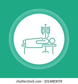 Man in hospital ward with dropper  color button icon. Postoperative therapy. Isolated vector element. Outline pictogram for web page, mobile app, promo.