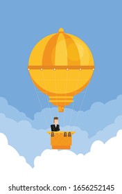 Man in a hot air balloon. Planning summer vacations. Tourism and vacation theme. Flat design vector illustration.