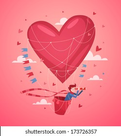 Un hombre en un globo aerostático buscando amor. Tarjeta de San Valentín. Ilustración vectorial.