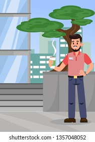 Man with Hot Coffee Color Flat Vector Illustration. Office Manager, Worker Standing near Bonsai Tree and Holding Hot Drink. City Apartment Building. Employee at Coffee Break Cartoon Character