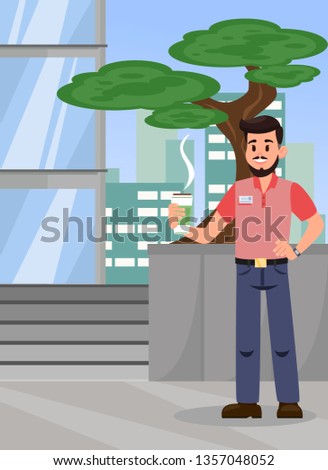 Man with Hot Coffee Color Flat Vector Illustration. Office Manager, Worker Standing near Bonsai Tree and Holding Hot Drink. City Apartment Building. Employee at Coffee Break Cartoon Character