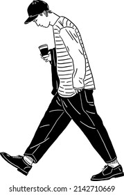 Man with Hot coffee People walking Hand drawn line art Illustration