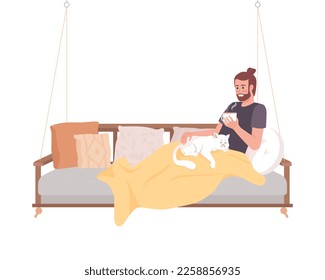 Man with hot drink lying on garden swing with cat semi flat color vector character. Editable figure. Full body person on white. Simple cartoon style illustration for web graphic design and animation
