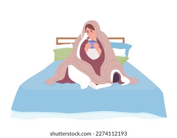 Man with hot tea wrapped himself up in blanket semi flat color vector character. Editable figure. Full body person on white. Simple cartoon style spot illustration for web graphic design and animation