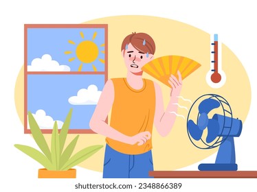 Man in hot weather concept. Young guy with hand and table fan indoor. Sunny summer day and high thermometer. Character with cooling system at home. Cartoon flat vector illustration