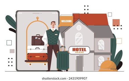 Man with hotel concept. Young guy with luggage near building. Holiday and vacation. Travel and tourism. Mobile app for booking rooms. Cartoon flat vector illustration isolated on white background
