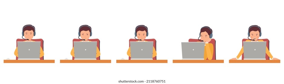 Man hotline operator in headphones with different emotions, call center. Support employee talking with customers.