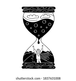 The man in the hourglass. Sand dunes lack of water in the desert. The man asks for water. Black and white vector graphics
