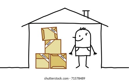 man in house & cardboard packing