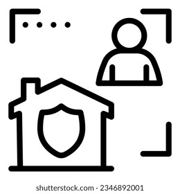 Man with house in frame and security emblem line icon, smart home symbol, identity autorization vector sign white background, recognition process outline style. Vector graphics.