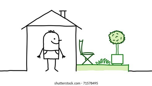 hombre y casa con jardín