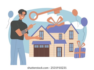 Hombre con regalo de la casa. Joven cerca de un edificio con llaves. Transacciones inmobiliarias y privadas. Alquiler venta de casa de campo o adosada. Ilustración vectorial plana aislada sobre fondo blanco