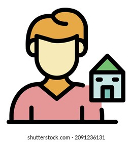 A man and a house icon. Outline a man and a house vector icon color flat isolated