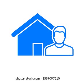 Man and House Icon. House Seller, buyer, vendor, asistant, and owner concept symbols. Real estate broker agent. House building, mortgage, property home, buy apartment, sale and rent housing.