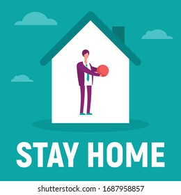 The man in the house is inside play with ball. Vector concept with man on quarantine and self isolation play with ball. Stay home