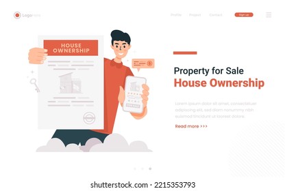 A man with house ownership sells his house illustration on web banner