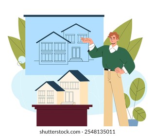 Man with house plan. Young guy with blueprint of building. Engineering and architecture, construction. Engineer with building model. Flat vector illustration isolated on white background