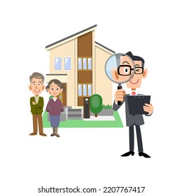 A man and a house in a suit holding a senior couple and documents in hand and looking into a magnifying glass