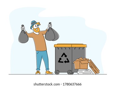 Man at Household Activities. Male Character Throw Garbage into Recycling Container. Housekeeping Management of Duties and Chores, Cleaning Home, Garbage Recycle Litter Bin. Linear Vector Illustration