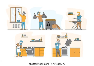 Man at Household Activities Set. Cleaning and Wiping Home Window, Cooking Bakes, Ironing Clothes and Throw Garbage. Housekeeping Management of Duties and Chores. Linear People Vector Illustration