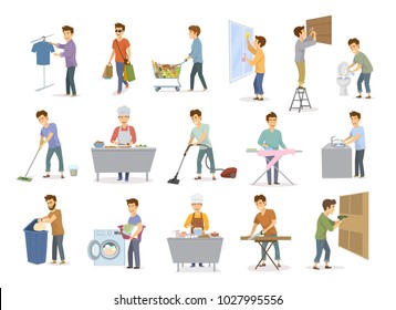 man at household activities set, men shopping wash floor dishes toilet, cleans home window, vacuuming, repaire drilling constructing hammering, cooks bakes irons make laundry, sawing wood graphic 