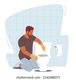 Man Household Duties Concept. Handyman Remove Blockage with Plunger in Toilet, Fixing Broken Plumbing at Home Bathroom. Husband or Plumber Repair Fix Sanitary. Cartoon Vector Illustration