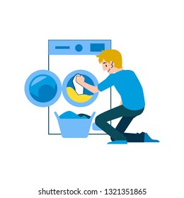 A man and a householder in jeans and a t shirt washes clothes in a washing machine, isolated vector illustration on white background in flat cartoon style.