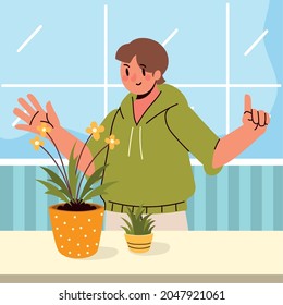 hombre y plantas domésticas en casa