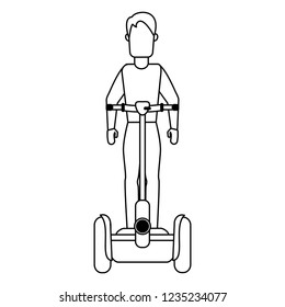 Man with hoverboard black and white