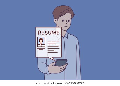 Man HR recruiter holding phone with resume job seeker wants to get job and has responded to vacancy. Guy employee HR agency is looking for staff for company through internet sites and applications.