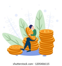 Man hug a bitcoin. Concept of money management. Earning online. Mining a bitcoin.