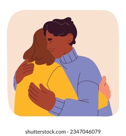 Man hug friend, scared solitude, need company, trust and support, afraid isolation. Autophobia, monophobia, phobia of loneliness concept. Friendship help with mental disorder. Flat vector illustration