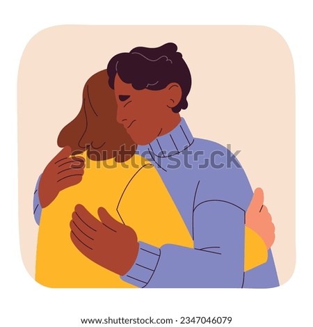 Man hug friend, scared solitude, need company, trust and support, afraid isolation. Autophobia, monophobia, phobia of loneliness concept. Friendship help with mental disorder. Flat vector illustration