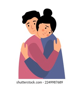 Man hug and support his female friend in flat design on white background. Man hugging his sad girlfriend.