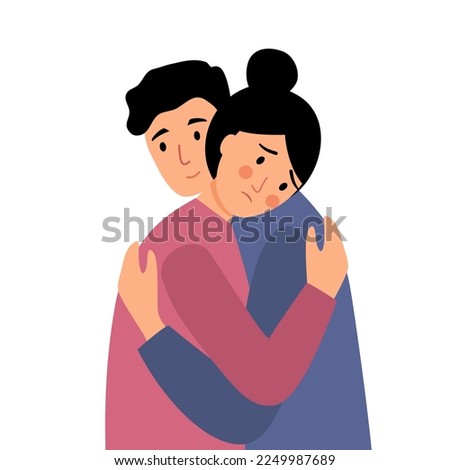 Man hug and support his female friend in flat design on white background. Man hugging his sad girlfriend.