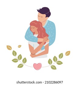 Man hug woman. Couple in love for Valentine's day concept. Cute cartoon vector illustration isolated on white background.