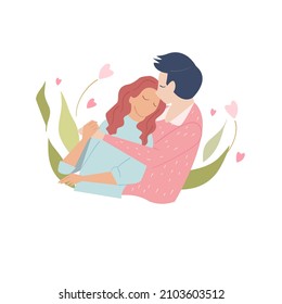 Man hug woman. Couple in love for Valentine's day concept. Cute cartoon vector illustration isolated on white background.