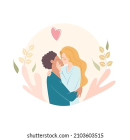 Man hug woman. Couple in love for Valentine's day concept. Cute cartoon vector illustration isolated on white background.