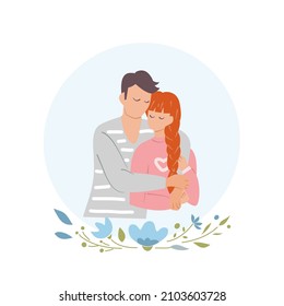 Man hug woman. Couple in love for Valentine's day concept. Cute cartoon vector illustration isolated on white background.