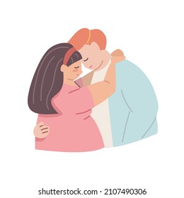 Man hug woman. Plus size and overweight Couple in love for Valentine's day concept. Hand drawn cartoon flat vector illustration isolated on white background.