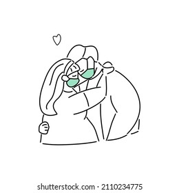 Man hug woman. Plus size and overweight Couple in love wearing medical mask for Valentine's day concept. Hand drawn doodle cartoon flat vector illustration isolated on white background.