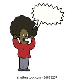 man with huge afro panicking