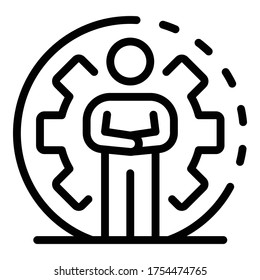 Man and huge gear wheel icon. Outline man and huge gear wheel vector icon for web design isolated on white background