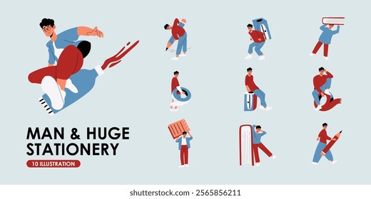 Man and Huge Stationery Illustration 